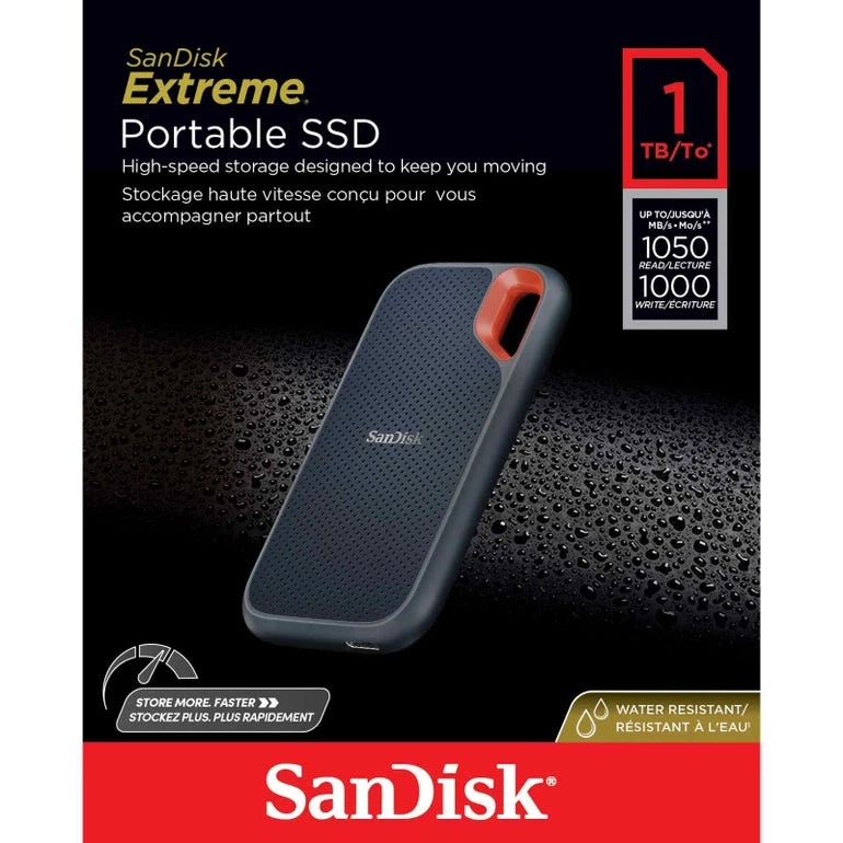 SANDISK 1TB Extreme Portable SSD - Up to 1050MB/s, USB-C, USB 3.2 Gen 2, IP65 Water and Dust Resistance, Updated Firmware - External Solid State Drive - SDSSDE61-1T00-G25